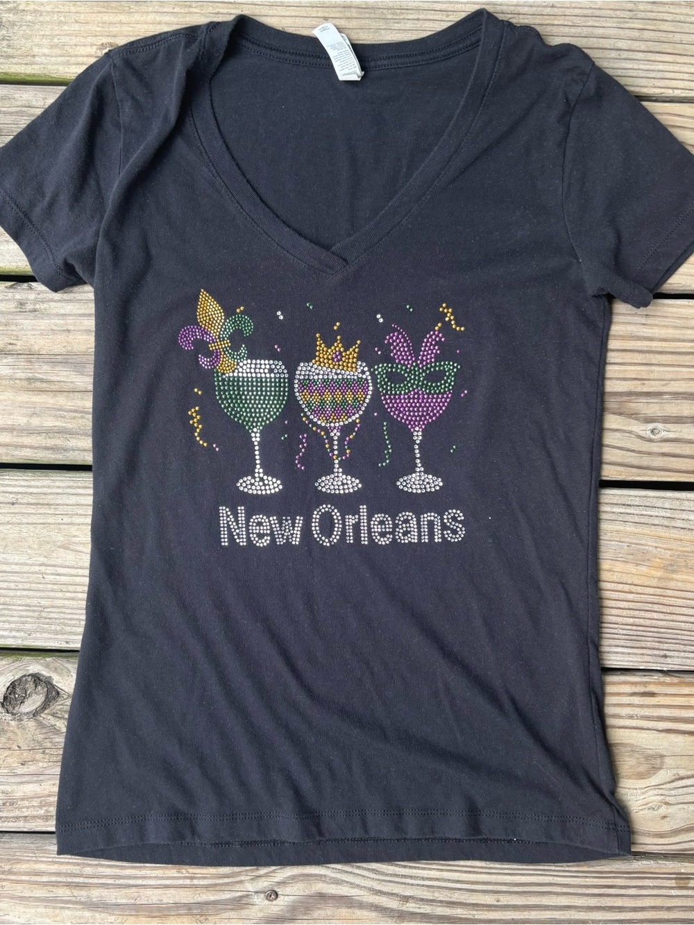 Bedazzled New Orleans Mardi Gras V-Neck Baby Tee